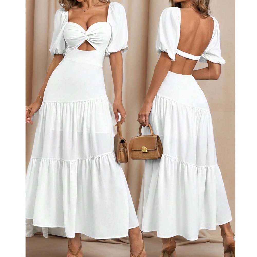 Boho White Puff Sleeve Cut out Maxi Dress - Picture 1 of 5